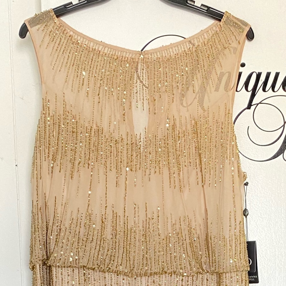 Adrianna papell Champagne/gold fully beaded sheer neckline and fringes gown - Picture 8 of 11
